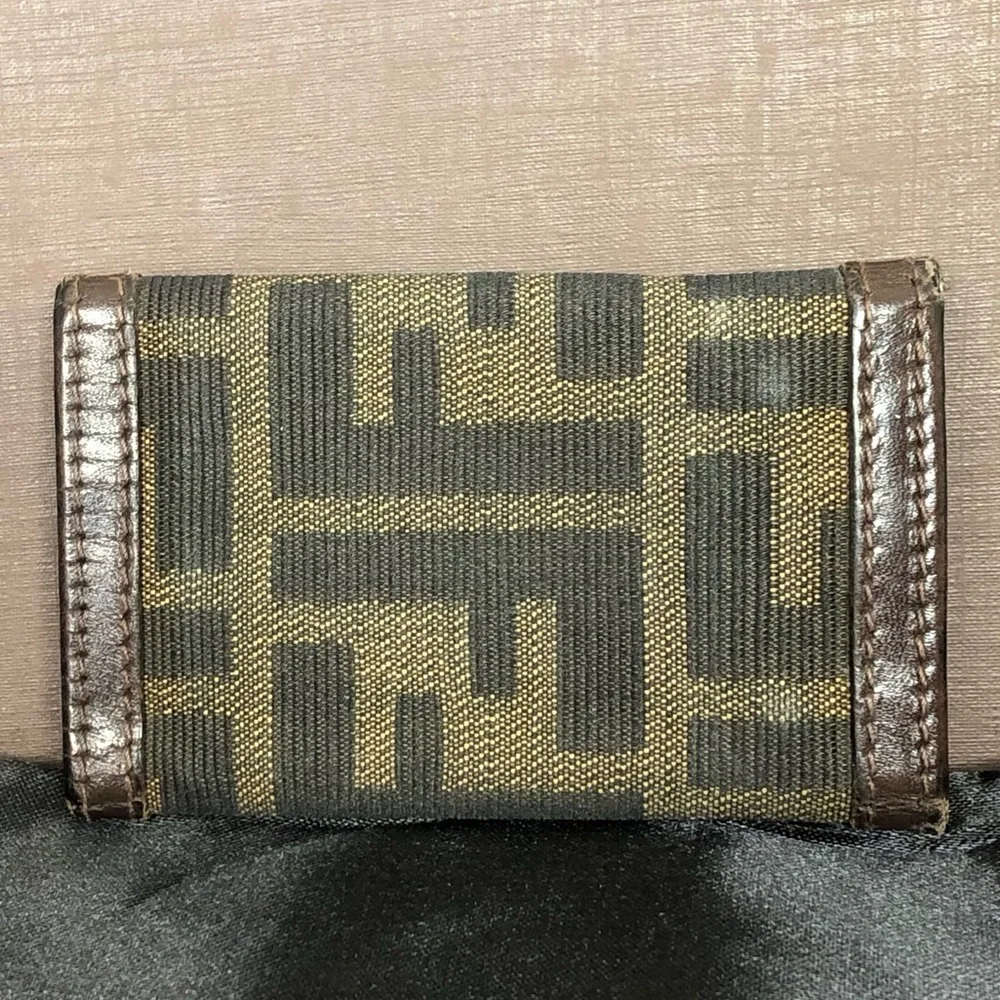 FENDI Zucca Navy Canvas Brown Leather Trim Snap Trifold Keycase